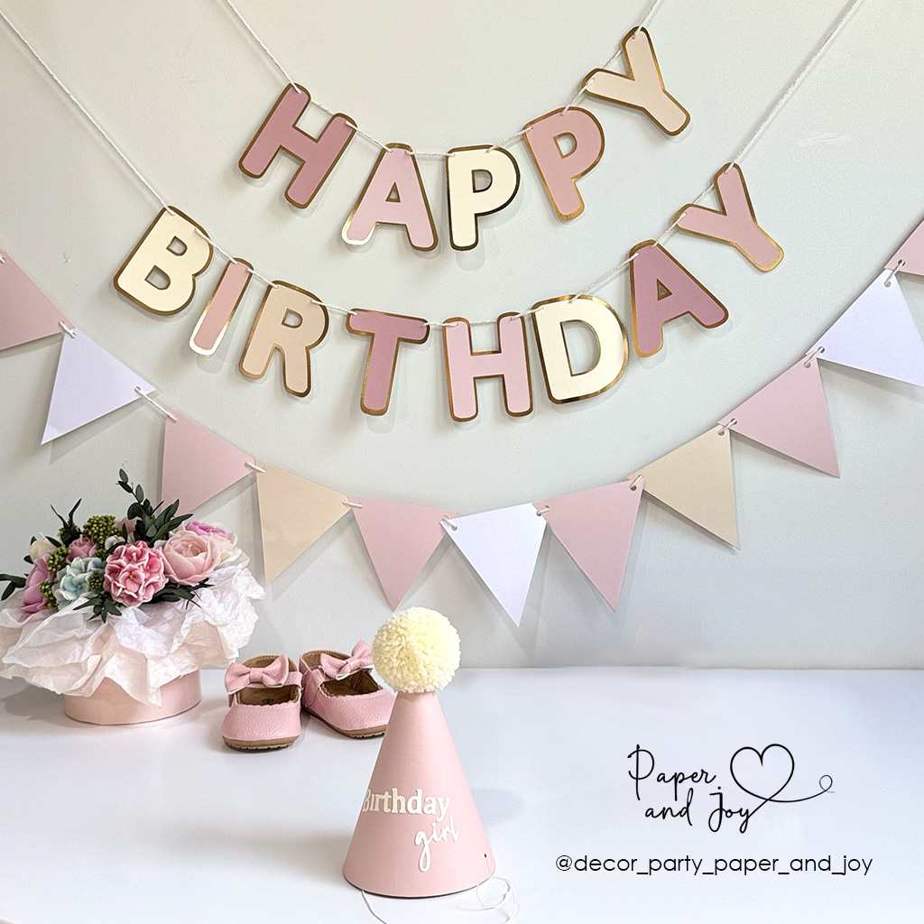 Набір ковпачок іменинника, розтяжка "Happy birthday"та розтяжка з трикутних прапорців — изображение 2